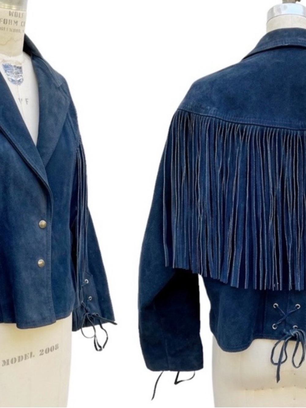 Schott NYC Vintage Western Blue Suede Fringe Jacket - rare paisley lining - 16